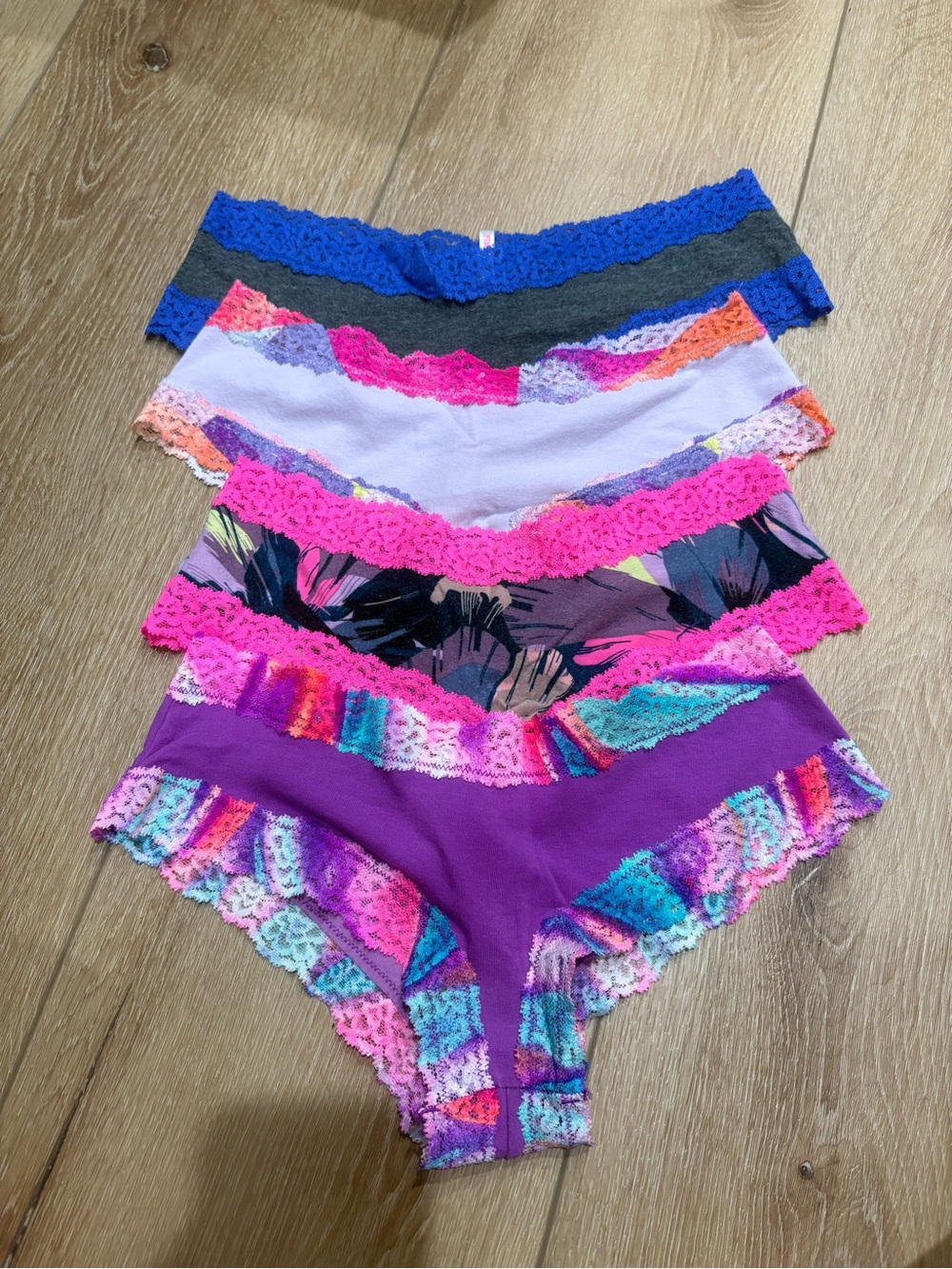 Set of 4 Lace-Trim Tanga Panties in Purple, Pink, Blue & Multicolor